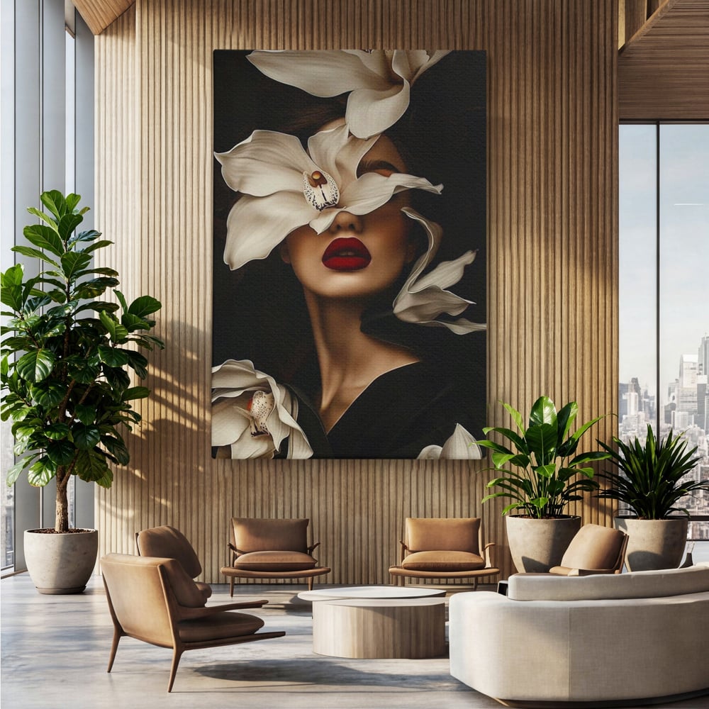 Tablou canvas cu tablou canvas cu femeie si orhidee, fara rama, pe sasiu de lemn, pe perete intr-un birou